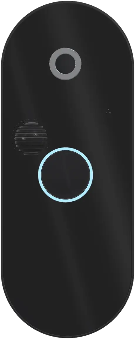 DoorCam front view showing the camera ring at the top, the motion-sensor grille and the halo button