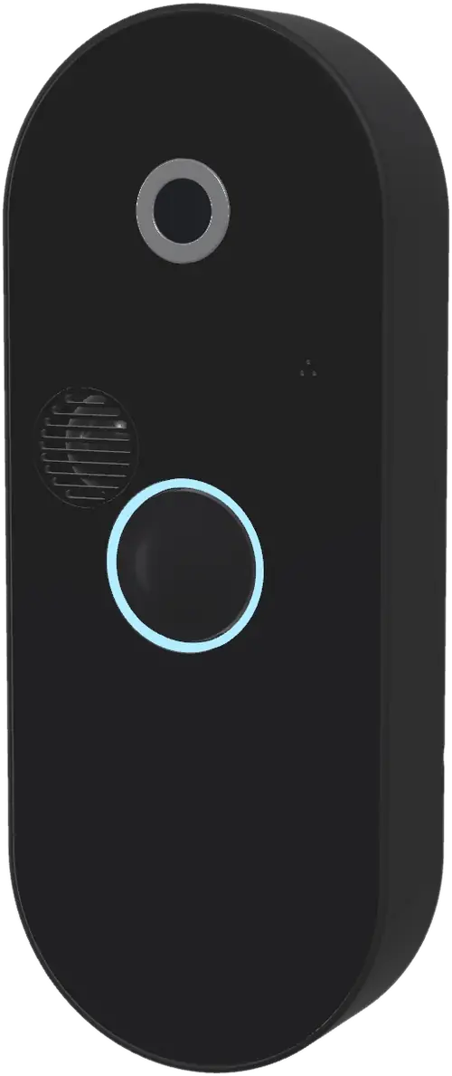 Homeeni DoorCam in Obsidian: a stadium-shaped black glass doorbell camera with a silver camera ring and an ice-blue halo button